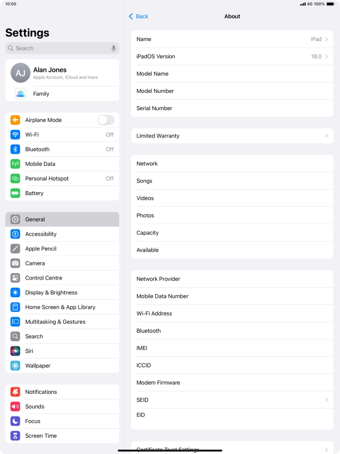 Your tablet's software version is displayed next to iPadOS Version.