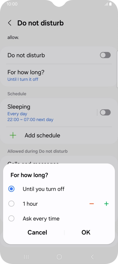 Press the required setting.