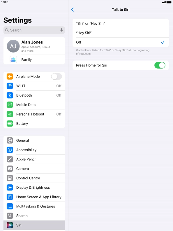 Press the required setting to turn the function on or off. If you turn on the function, you need to follow the instructions on the screen to set up Siri to recognise your voice.
