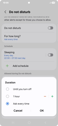 Press the required setting.