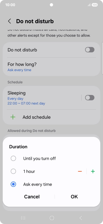 Press the required setting.