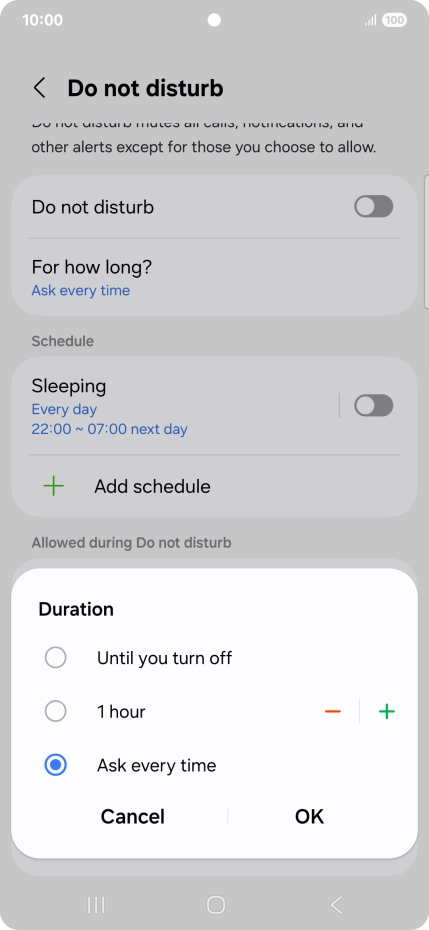 Press the required setting.