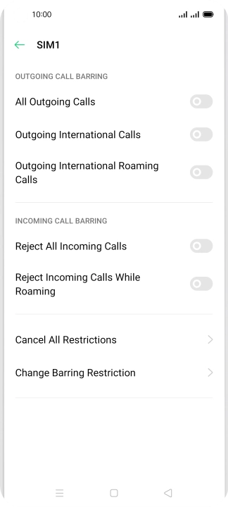 Press the indicator next to the required barring type to turn the function on or off.