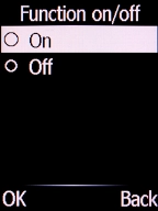 Select On and press the Left selection key to turn on the function.