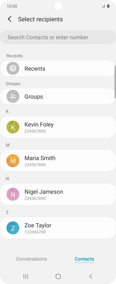 Press the search field and key in the first letters of the recipient's name.