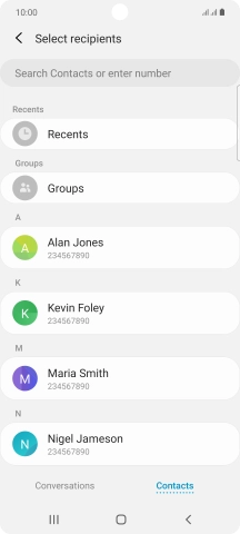 Press the search field and key in the first letters of the recipient's name.