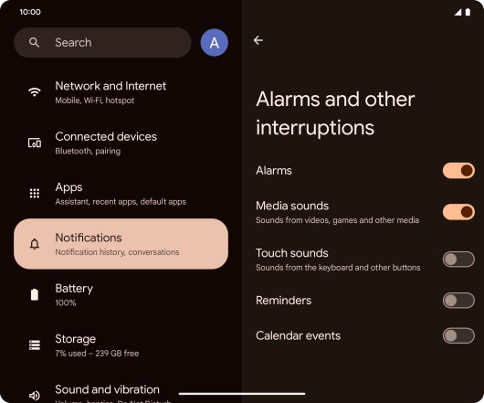 Press the required settings to turn sound and vibration for the selected functions on or off.