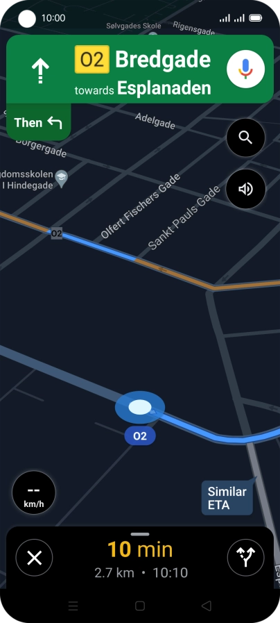 The travel information at the bottom of the screen shows your estimated time of arrival and distance to destination.