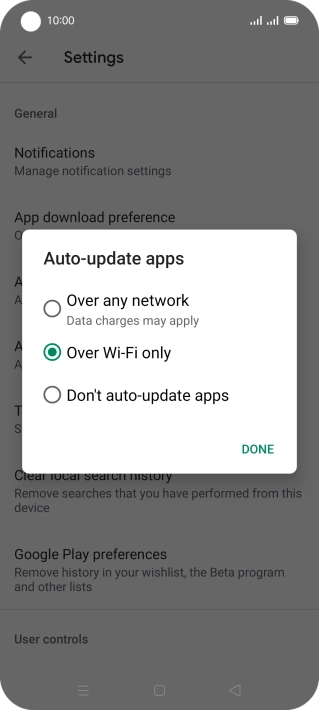 To turn on automatic update of apps using mobile network, press Over any network.