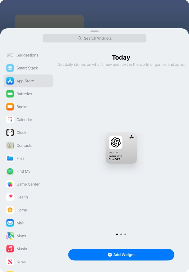 Slide your finger right or left on the screen to select the required widget size.