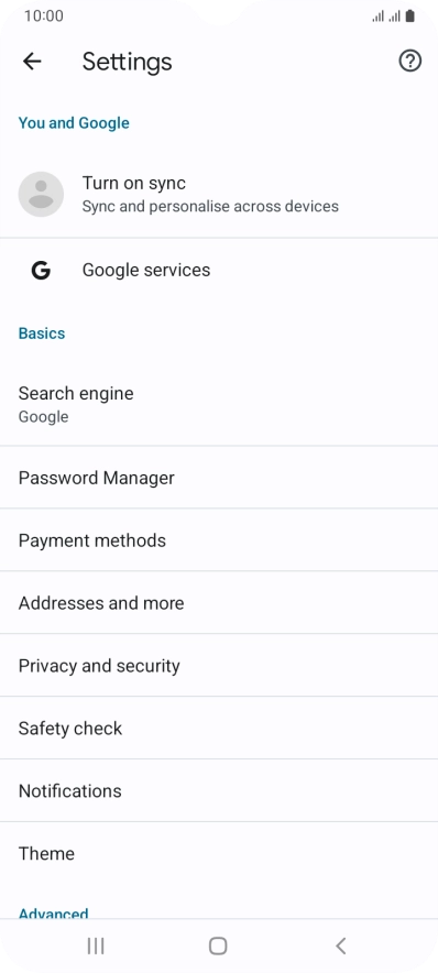 Press Privacy and security.