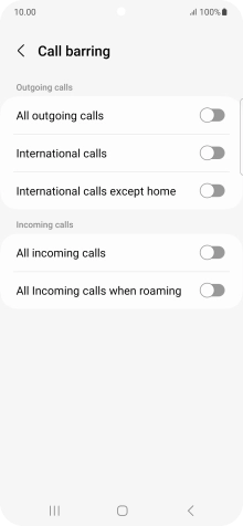 Press the indicator next to the required barring type to turn the function on or off.