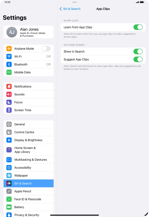 Press the indicators next to the required settings to turn them on or off.