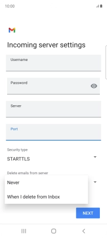 Press Never to keep email messages on the server when you delete them on your phone.