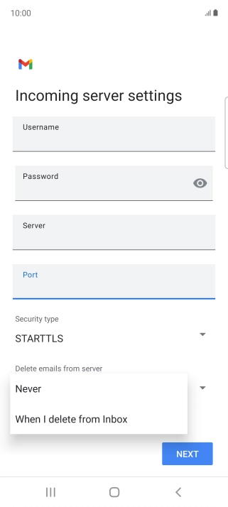 Press Never to keep email messages on the server when you delete them on your phone.