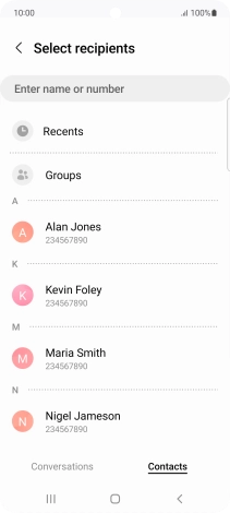 Press the search field and key in the first letters of the recipient's name.