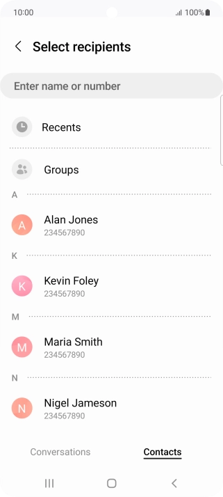 Press the search field and key in the first letters of the recipient's name.