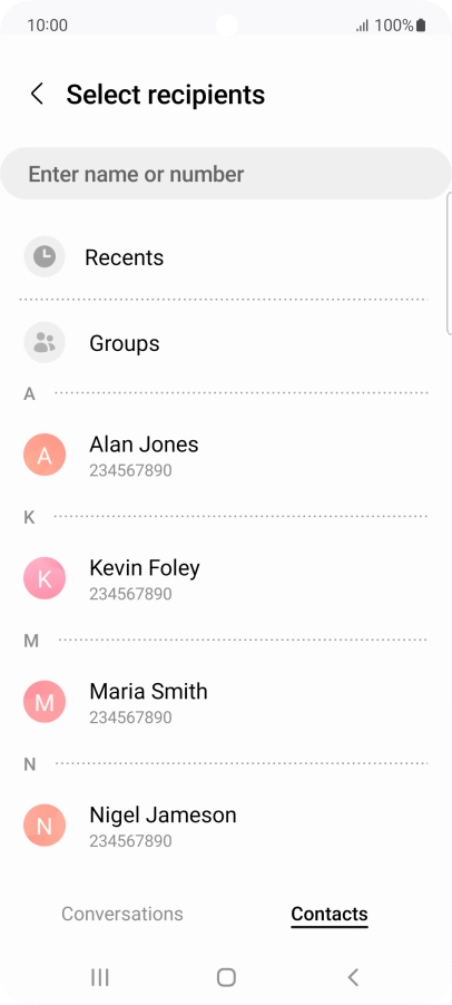 Press the search field and key in the first letters of the recipient's name.