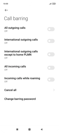 Press the indicator next to the required barring type to turn the function on or off.