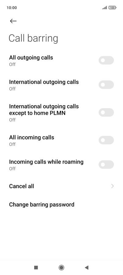 Press the indicator next to the required barring type to turn the function on or off.
