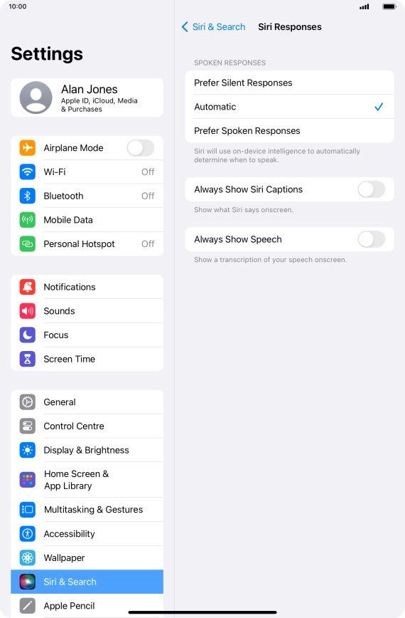Press the required setting.