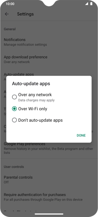 To turn on automatic update of apps using mobile network, press Over any network.