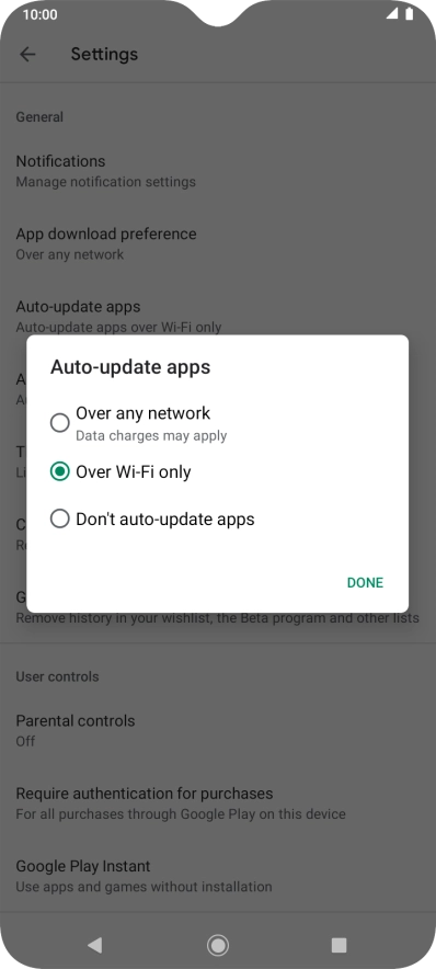 To turn on automatic update of apps using mobile network, press Over any network.