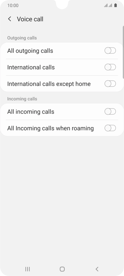 Press the indicator next to the required barring type to turn the function on or off.