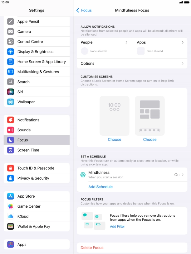 Press People and follow the instructions on the screen to select which contacts you would like to receive calls and notifications from when the selected focus mode is active.
