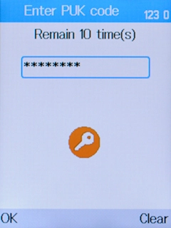 Key in the PUK and press the Left selection key.