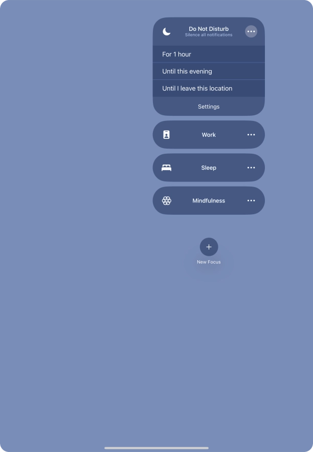 Press the required setting to activate the selected focus mode for a specified period of time or until you leave your current location.