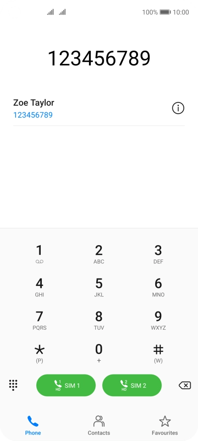 Key in the required number and press the call icon next to the required SIM.
