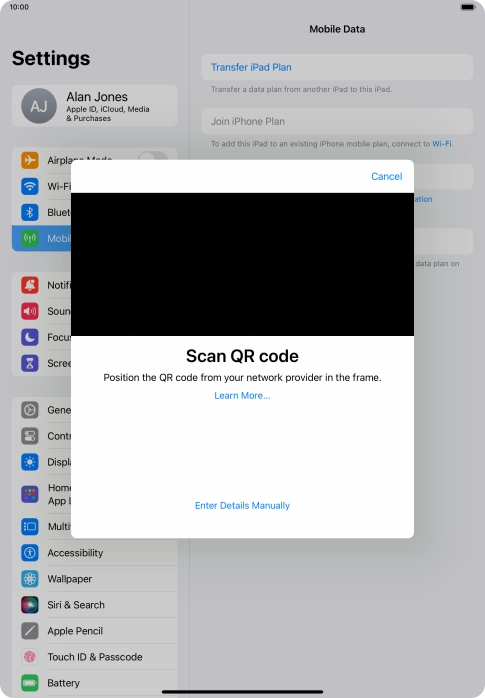 Place the QR code you've received inside the tablet camera frame to scan the code. Your eSIM is transferred to your new tablet over the internet.