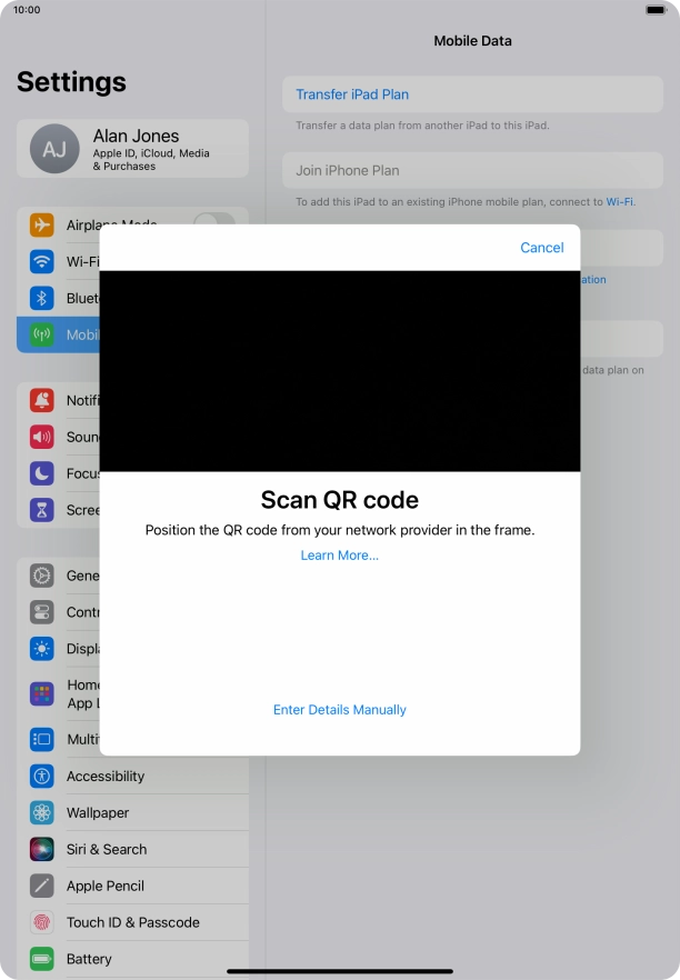 Place the QR code you've received inside the tablet camera frame to scan the code. Your eSIM is transferred to your new tablet over the internet.