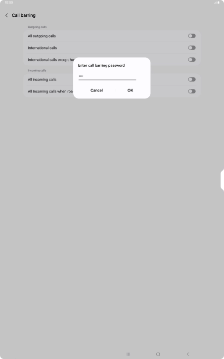 Key in your barring password and press OK. The default barring password is 1919.