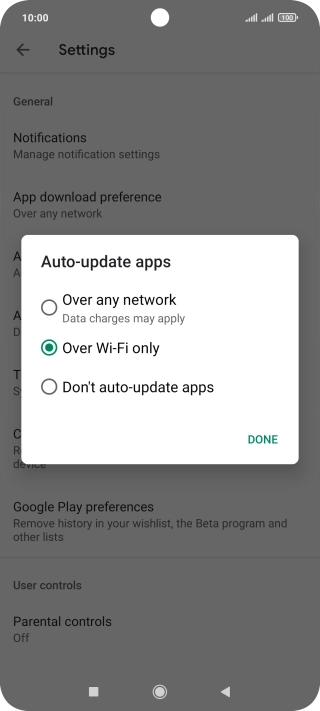 To turn on automatic update of apps using mobile network, press Over any network.
