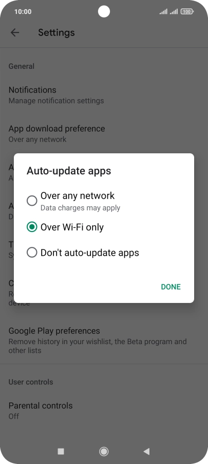 To turn on automatic update of apps using mobile network, press Over any network.