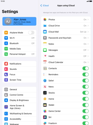 Press the indicators next to the required data types to turn synchronisation of each data type on or off.
