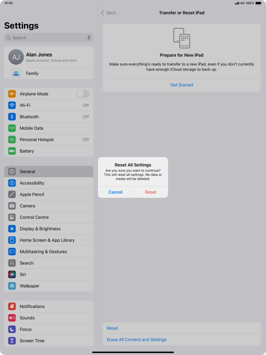 Press Reset. Wait a moment while the factory default settings are restored. Follow the instructions on the screen to set up your tablet and prepare it for use.