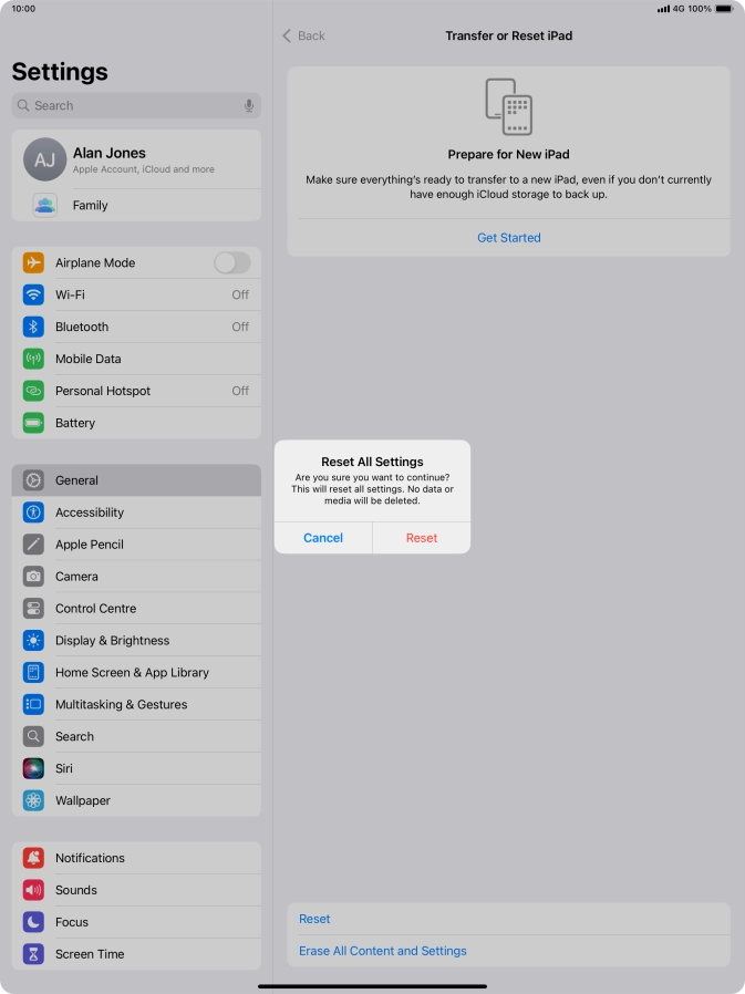 Press Reset. Wait a moment while the factory default settings are restored. Follow the instructions on the screen to set up your tablet and prepare it for use.