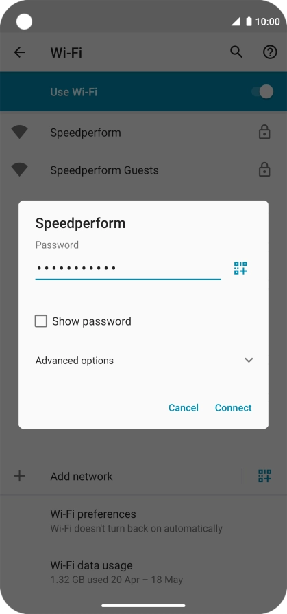 Key in the password for the Wi-Fi network and press Connect.