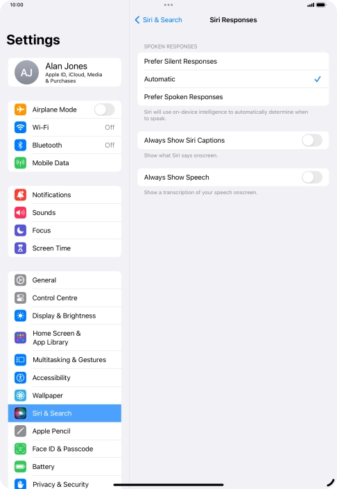 Press the required setting.
