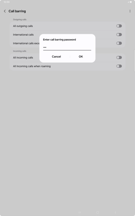 Key in your barring password and press OK. The default barring password is 1919.