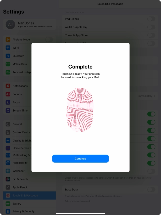 Press Continue. If you haven't previously selected a lock code, key in a code of your own choice twice.