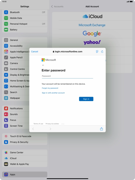 Press Password and key in the password for your email account.