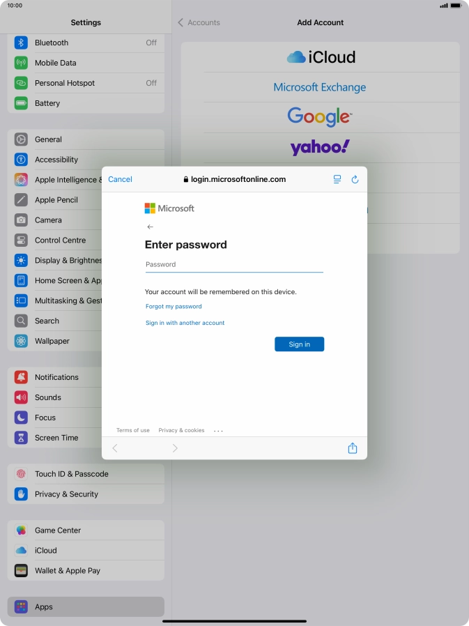Press Password and key in the password for your email account.