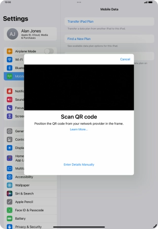 Place the QR code you've received inside the tablet camera frame to scan the code. If you’ve deleted your eSIM, you can re-add it using your existing QR code. If you’re having problems, see our FAQ.
