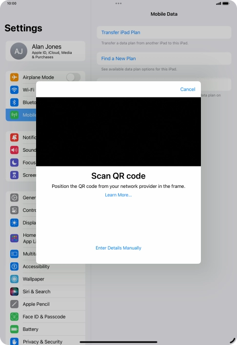 Place the QR code you've received inside the tablet camera frame to scan the code. If you’ve deleted your eSIM, you can re-add it using your existing QR code. If you’re having problems, see our FAQ.