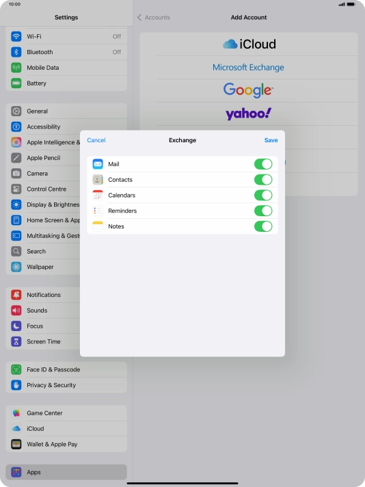 Press the indicators next to the required data types to turn synchronisation of each data type on or off.