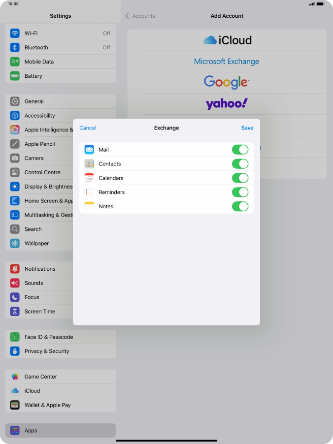 Press the indicators next to the required data types to turn synchronisation of each data type on or off.